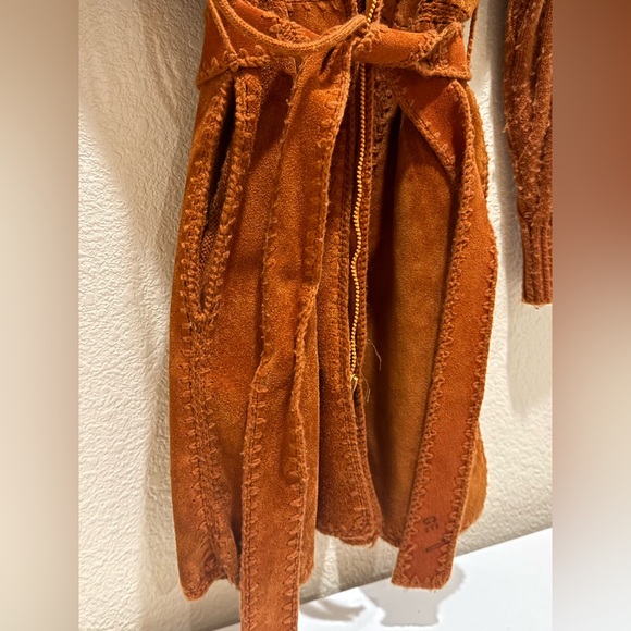 Vintage 1970s Terracotta Leather Suede Knit Crochet Hooded Jacket Coat, Grunge - Picture 13 of 14
